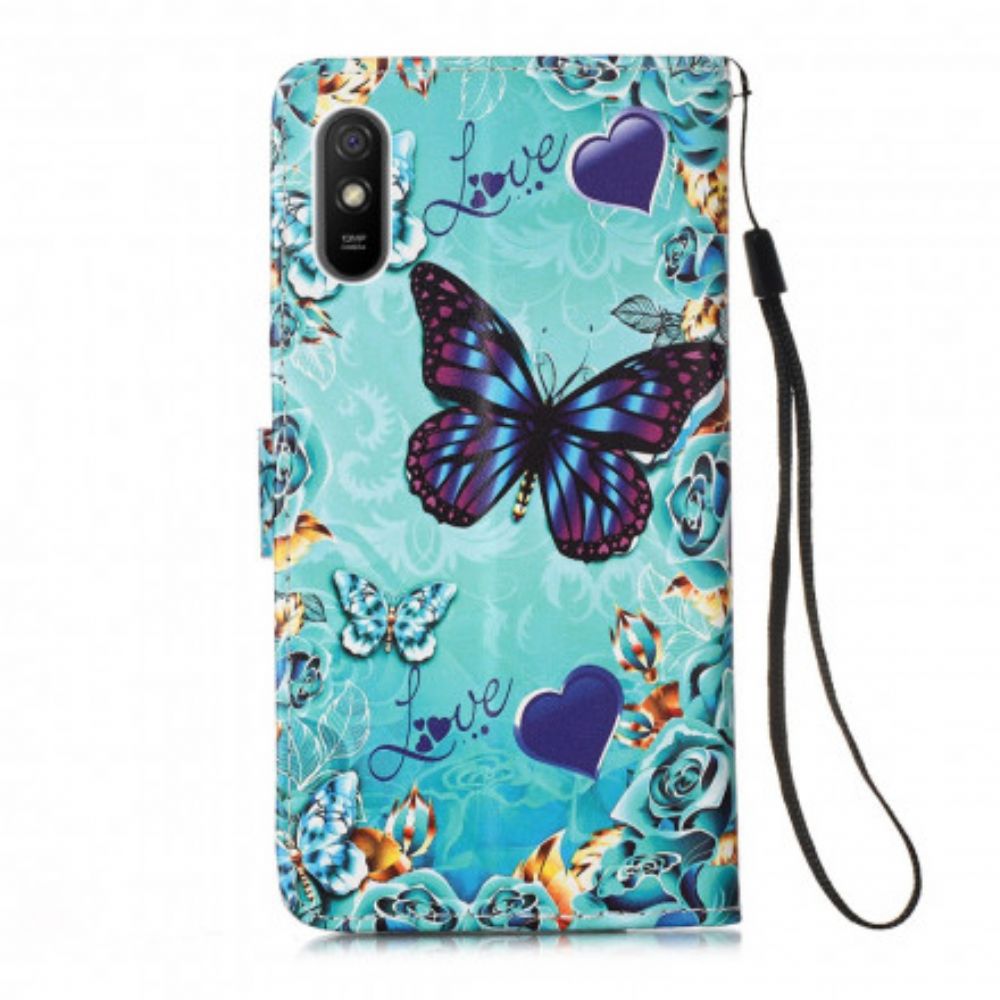 Folio-hoesje voor Xiaomi Redmi 9A Met Ketting Liefde Vlinders Strappy