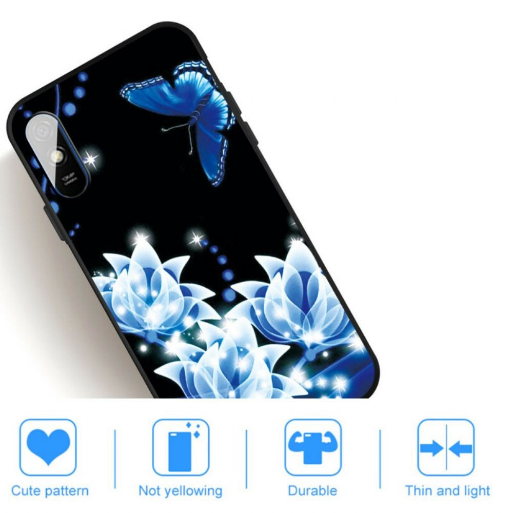 Hoesje voor Xiaomi Redmi 9A Vlinder En Blauwe Bloemen