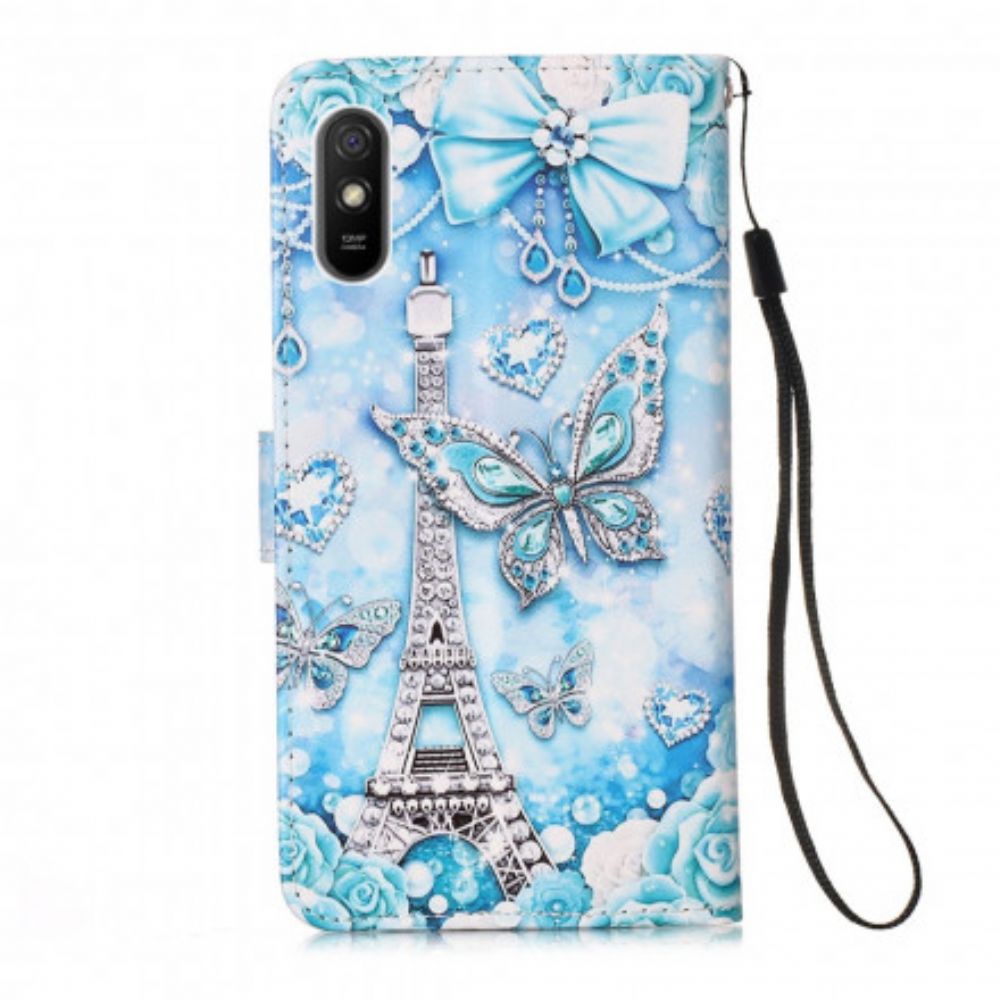 Leren Hoesje voor Xiaomi Redmi 9A Met Ketting Eiffeltoren Vlinders Met Riem