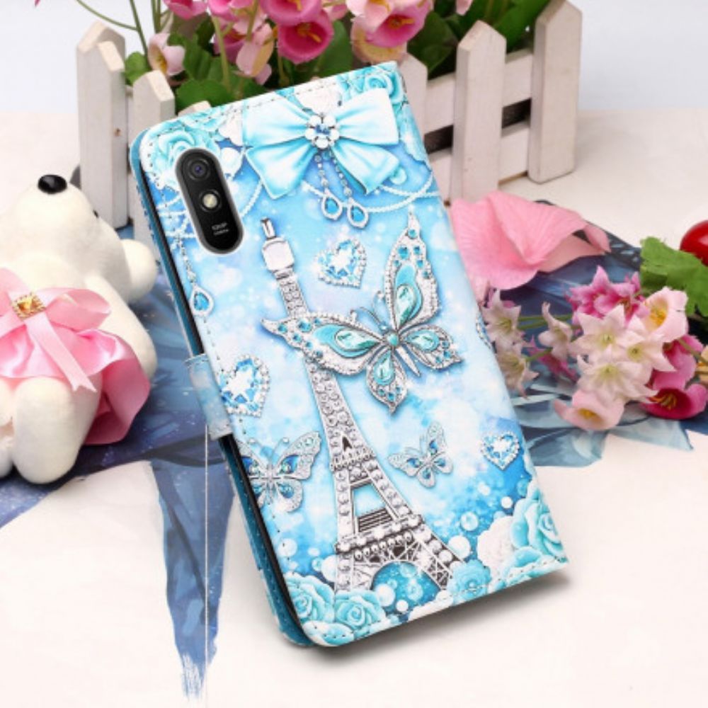 Leren Hoesje voor Xiaomi Redmi 9A Met Ketting Eiffeltoren Vlinders Met Riem