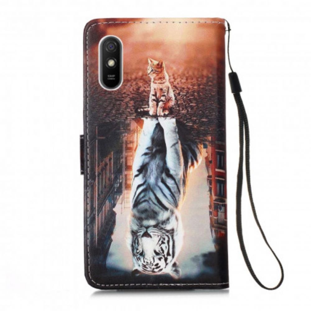 Leren Hoesje voor Xiaomi Redmi 9A Met Ketting Overpeinzingen Van Ernest De String Cat