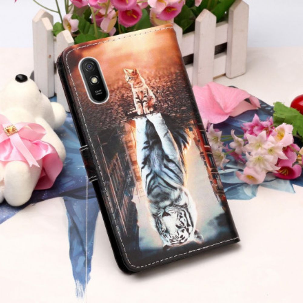 Leren Hoesje voor Xiaomi Redmi 9A Met Ketting Overpeinzingen Van Ernest De String Cat