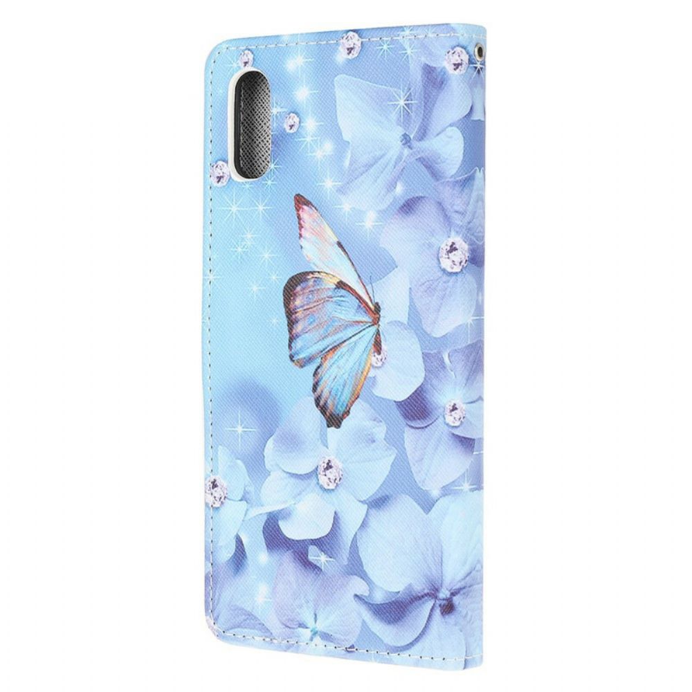 Leren Hoesje voor Xiaomi Redmi 9A Met Ketting Vlinders Met Diamanten Band