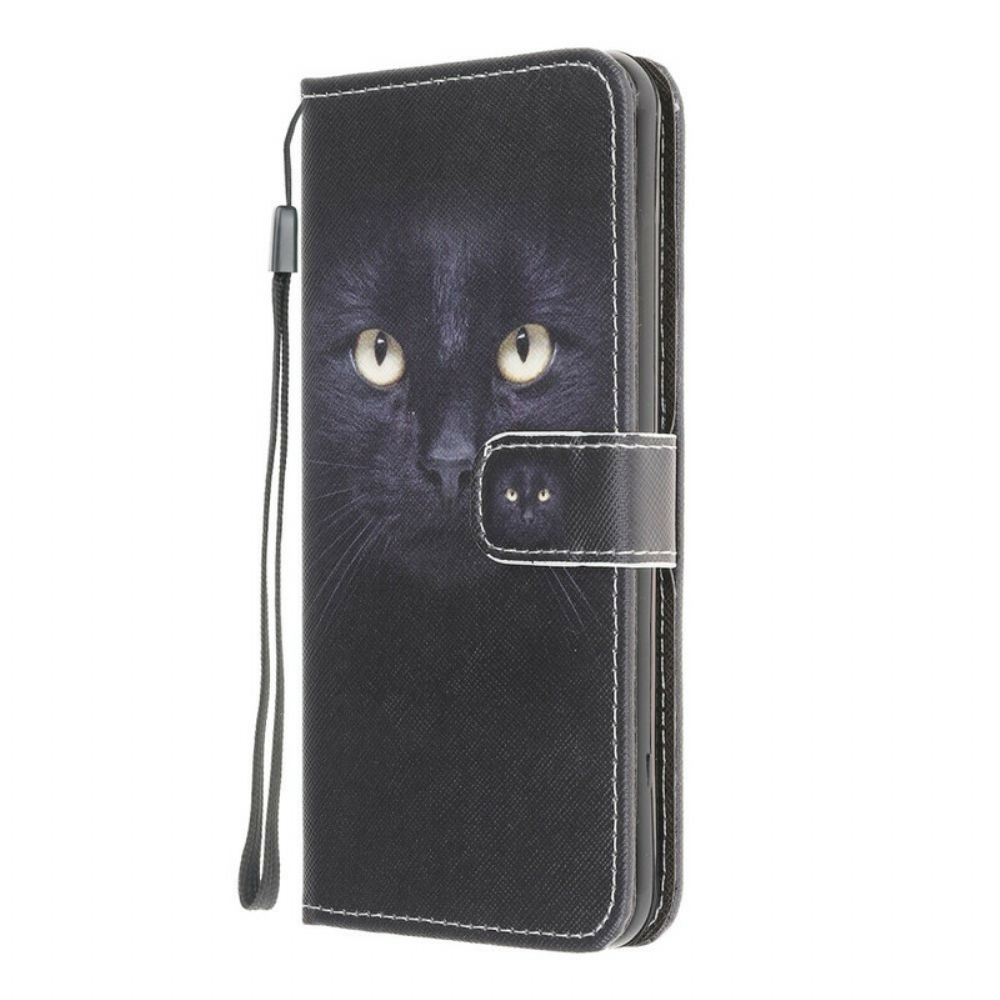 Leren Hoesje voor Xiaomi Redmi 9A Met Ketting Zwarte Kattenogen Met Riem