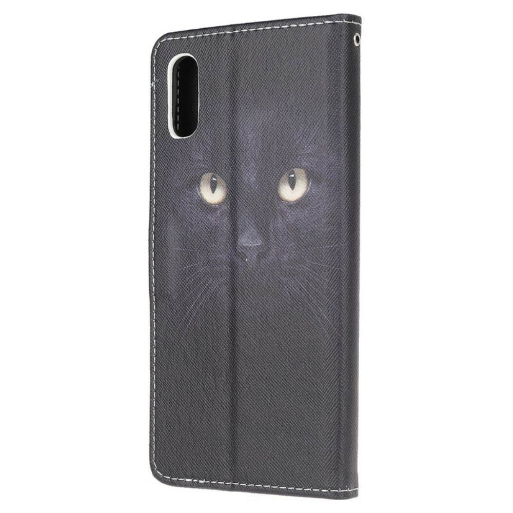 Leren Hoesje voor Xiaomi Redmi 9A Met Ketting Zwarte Kattenogen Met Riem