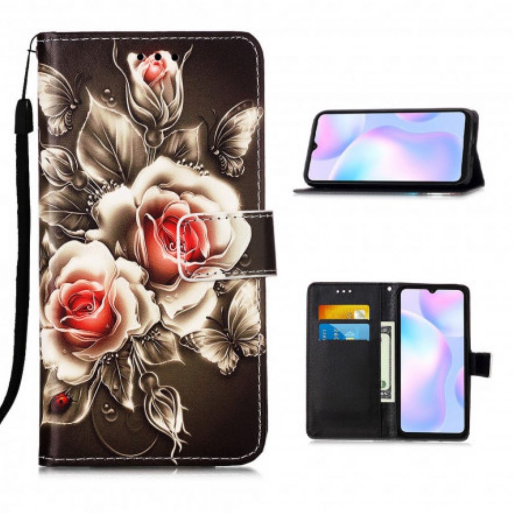 Leren Hoesje voor Xiaomi Redmi 9A Met Ketting Zwarte Roos Met Riem