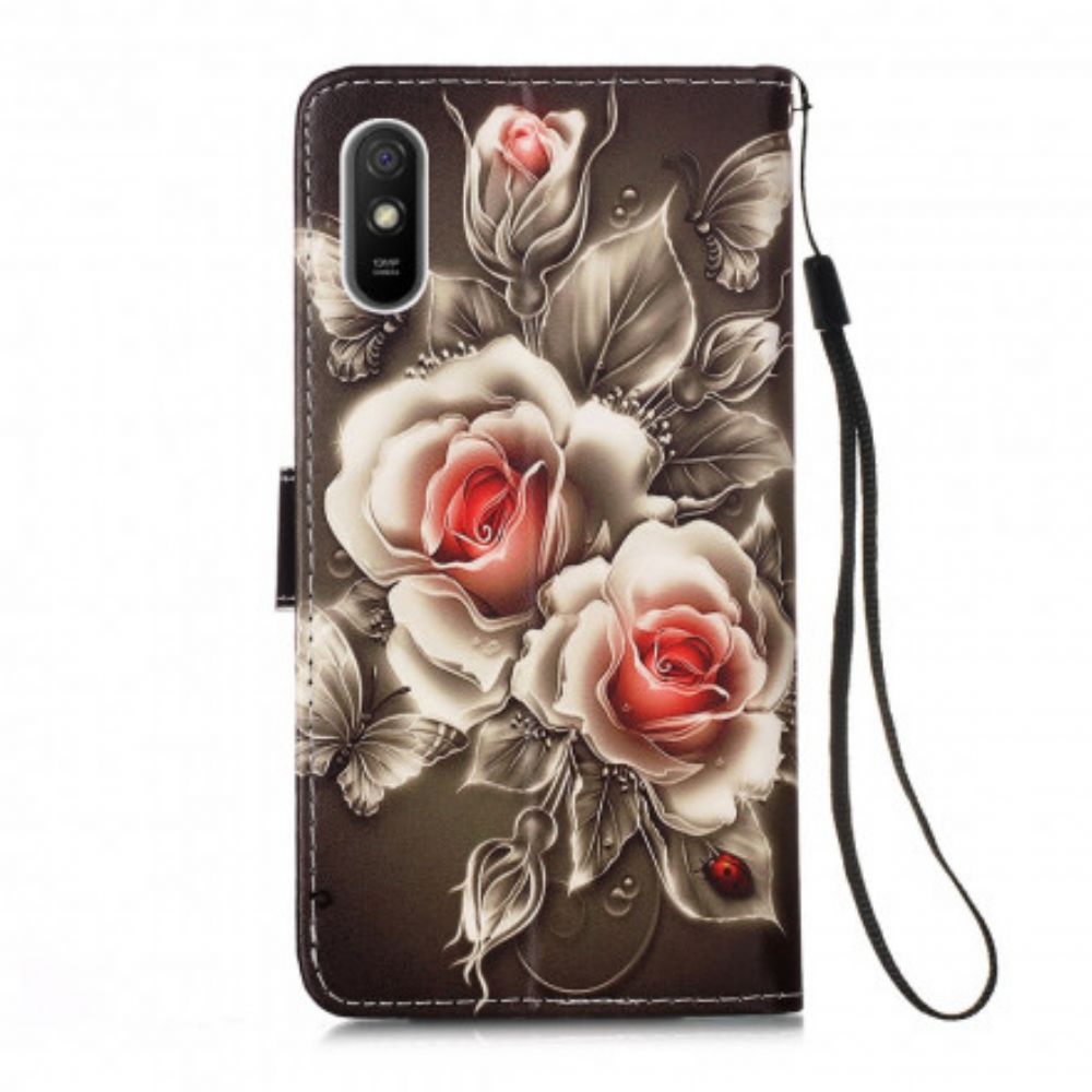 Leren Hoesje voor Xiaomi Redmi 9A Met Ketting Zwarte Roos Met Riem