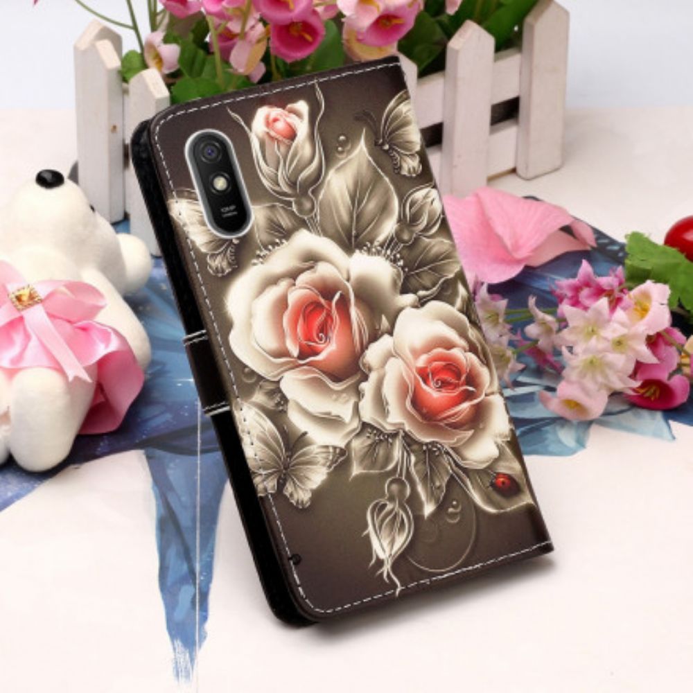 Leren Hoesje voor Xiaomi Redmi 9A Met Ketting Zwarte Roos Met Riem