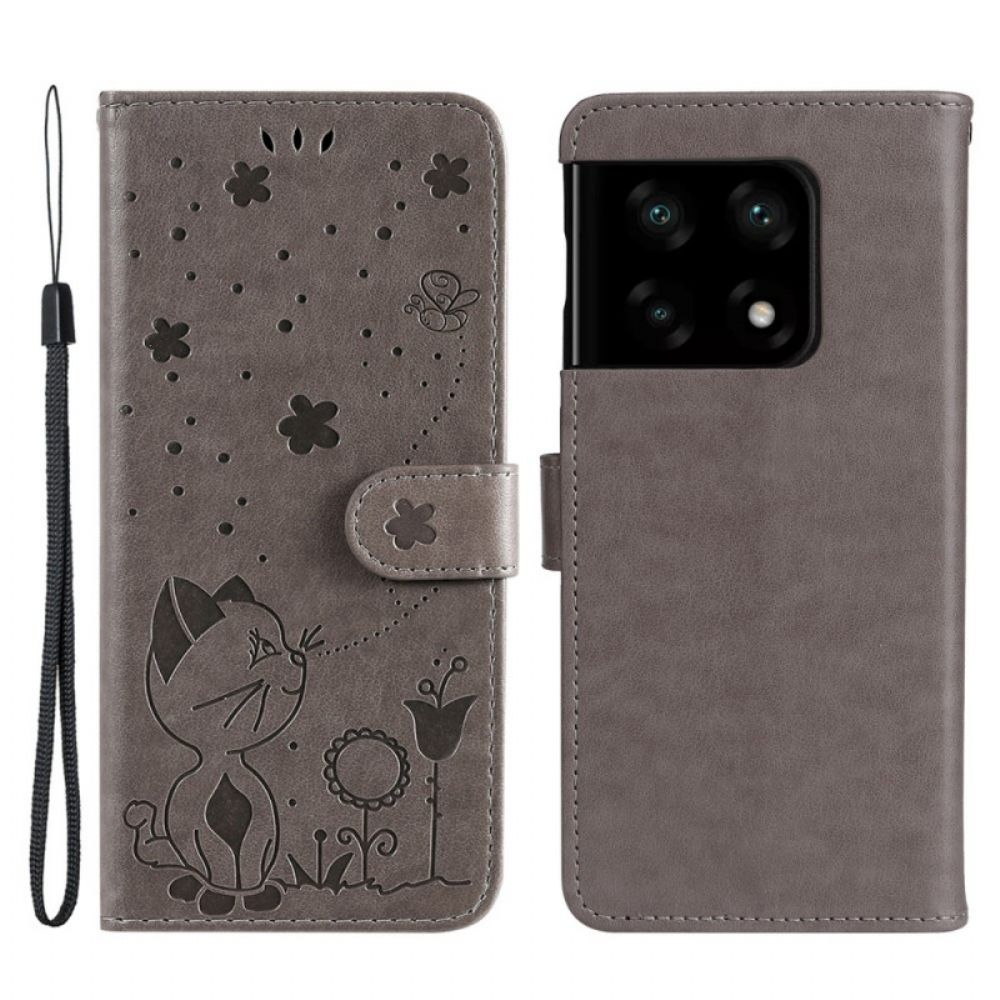 Flip Case voor OnePlus 10 Pro 5G Met Ketting Kat En Bijen In Riem