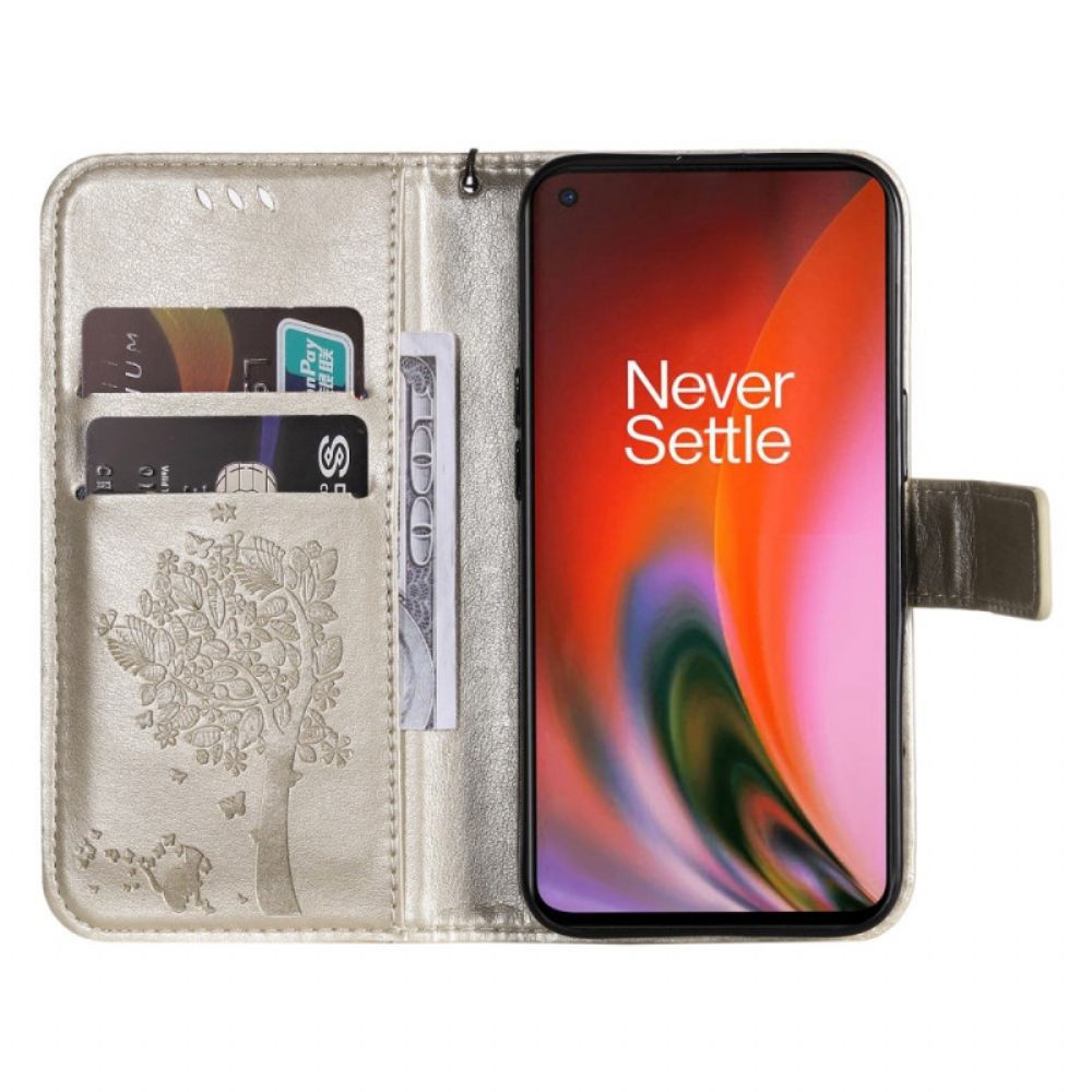 Folio-hoesje voor OnePlus Nord 2 5G Met Ketting Boom En Kat Met Bandjes