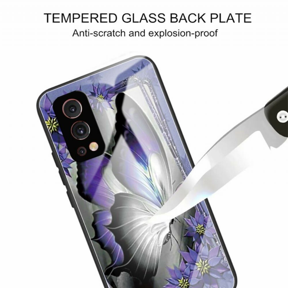 Hoesje voor OnePlus Nord 2 5G Paarse Vlinder Gehard Glas