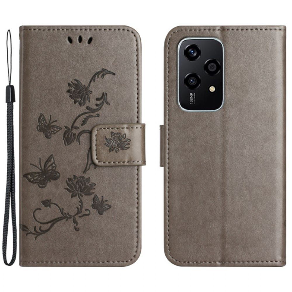 Leren Hoesje Voor Honor 200 Lite Vlinders En Bloemen Met Riempje