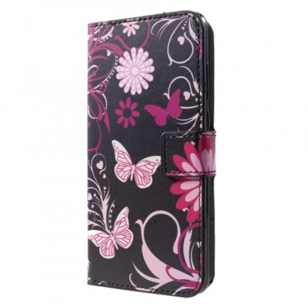 Leren Hoesje voor Huawei P30 Vlinders En Bloemen