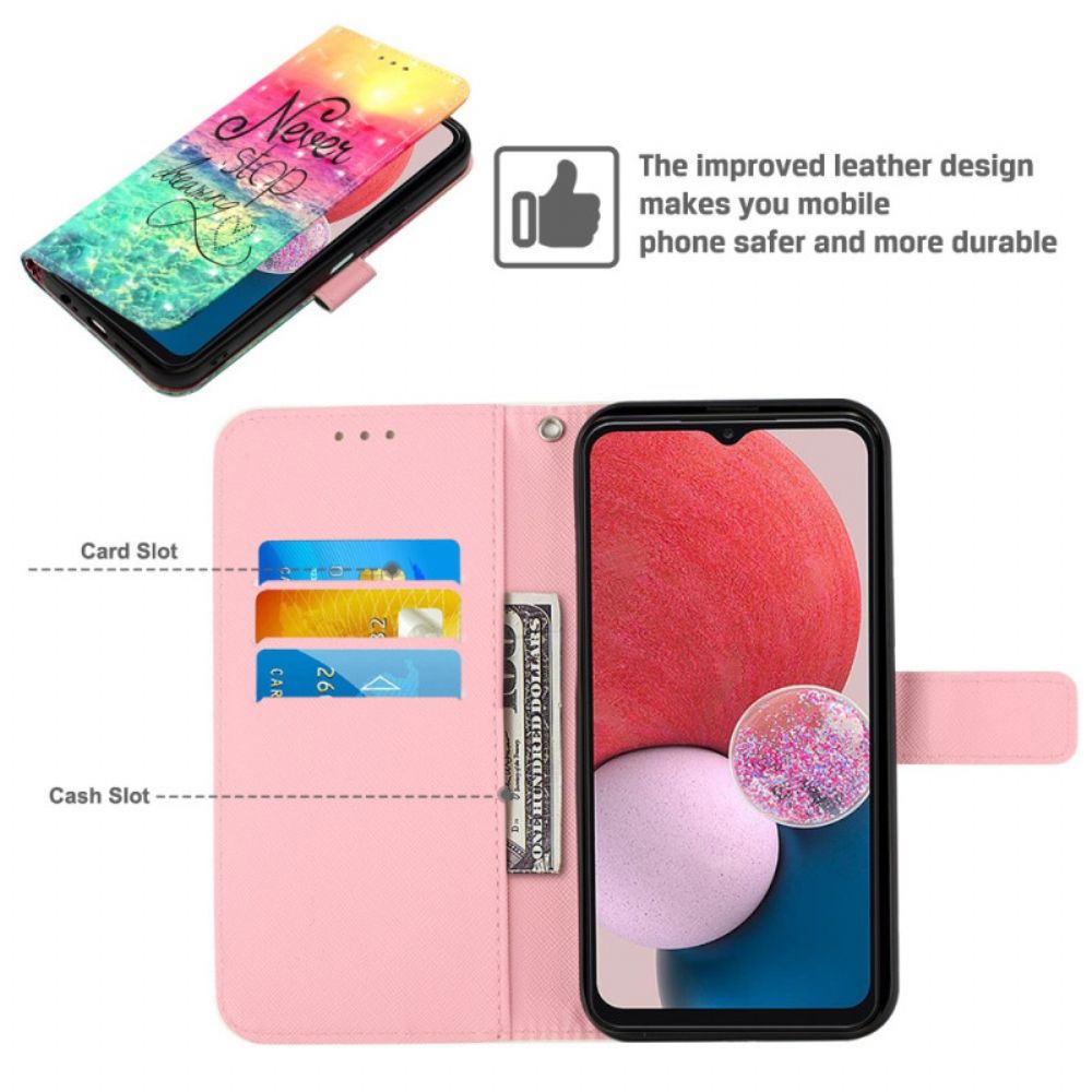 Folio-hoesje voor Samsung Galaxy A13 Met Ketting Stop Nooit Met Dromen Met Riem