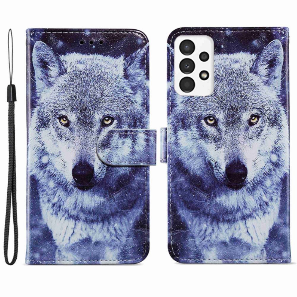 Folio-hoesje voor Samsung Galaxy A13 Mooie Wolf Met Lanyard