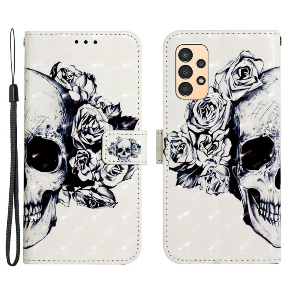 Leren Hoesje voor Samsung Galaxy A13 Met Ketting Bloemen Strappy Schedel