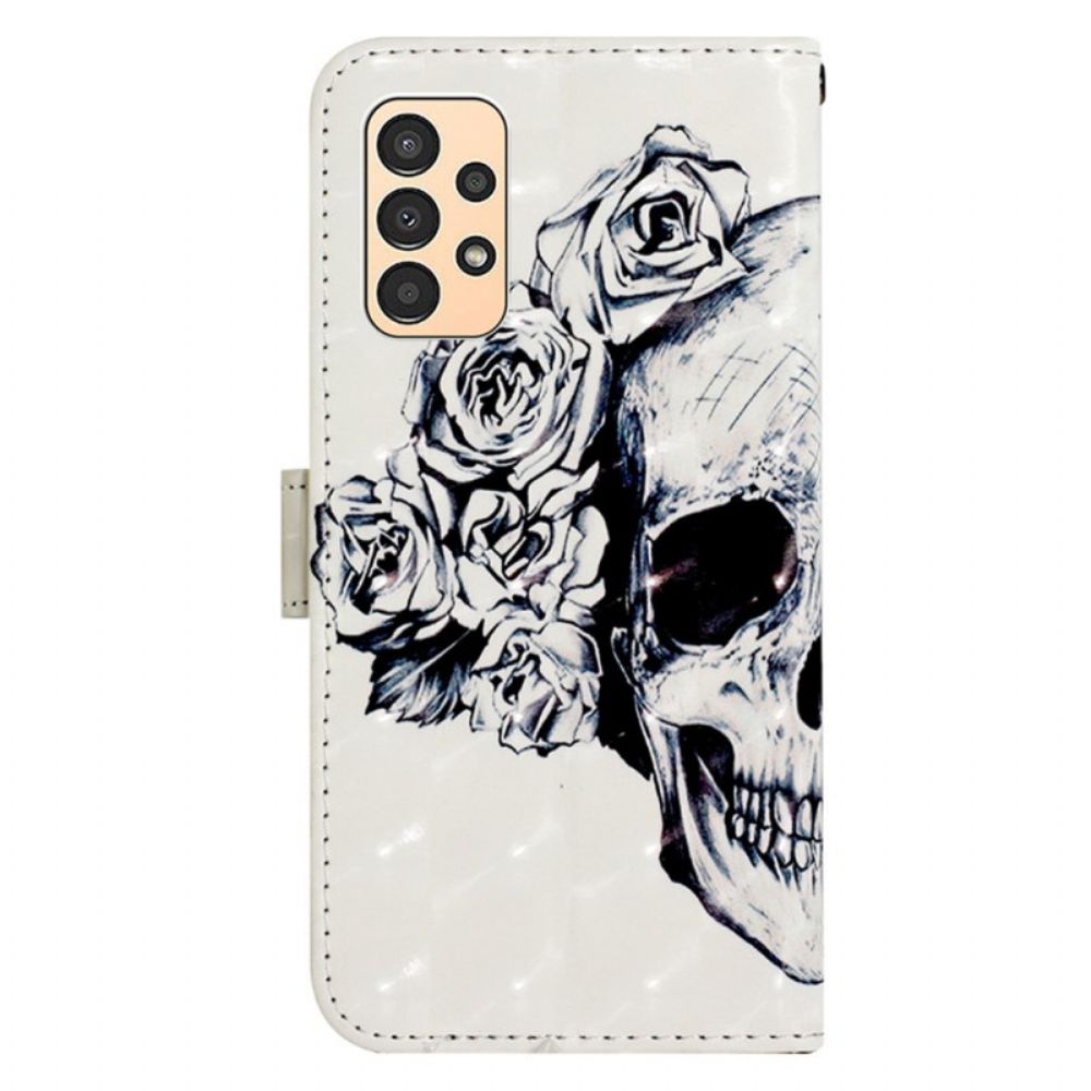 Leren Hoesje voor Samsung Galaxy A13 Met Ketting Bloemen Strappy Schedel