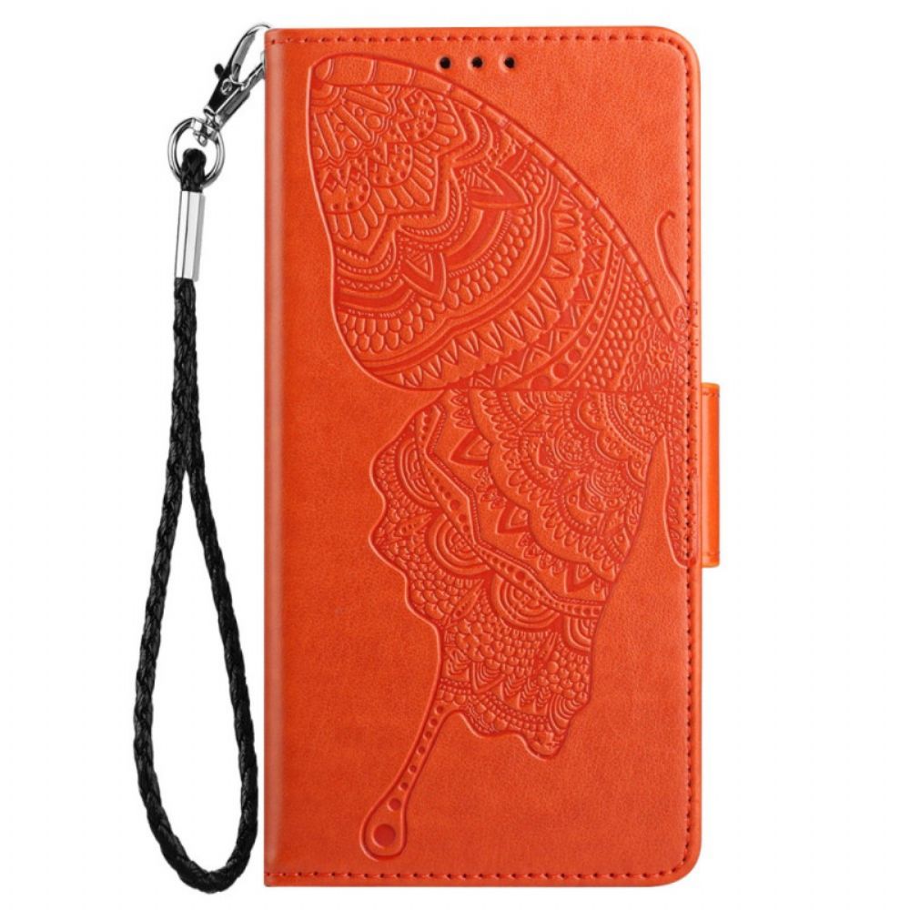 Leren Hoesje voor Samsung Galaxy A13 Met Ketting Tweekleurige Vlinder Met Riem