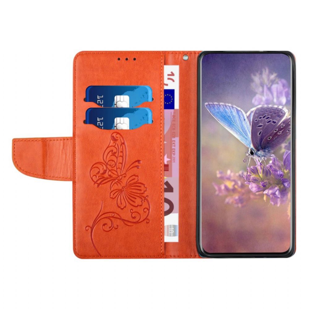 Leren Hoesje voor Samsung Galaxy A13 Met Ketting Tweekleurige Vlinder Met Riem