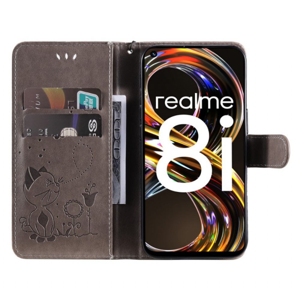 Leren Hoesje voor Realme 8i Met Ketting Thong Kat En Bij