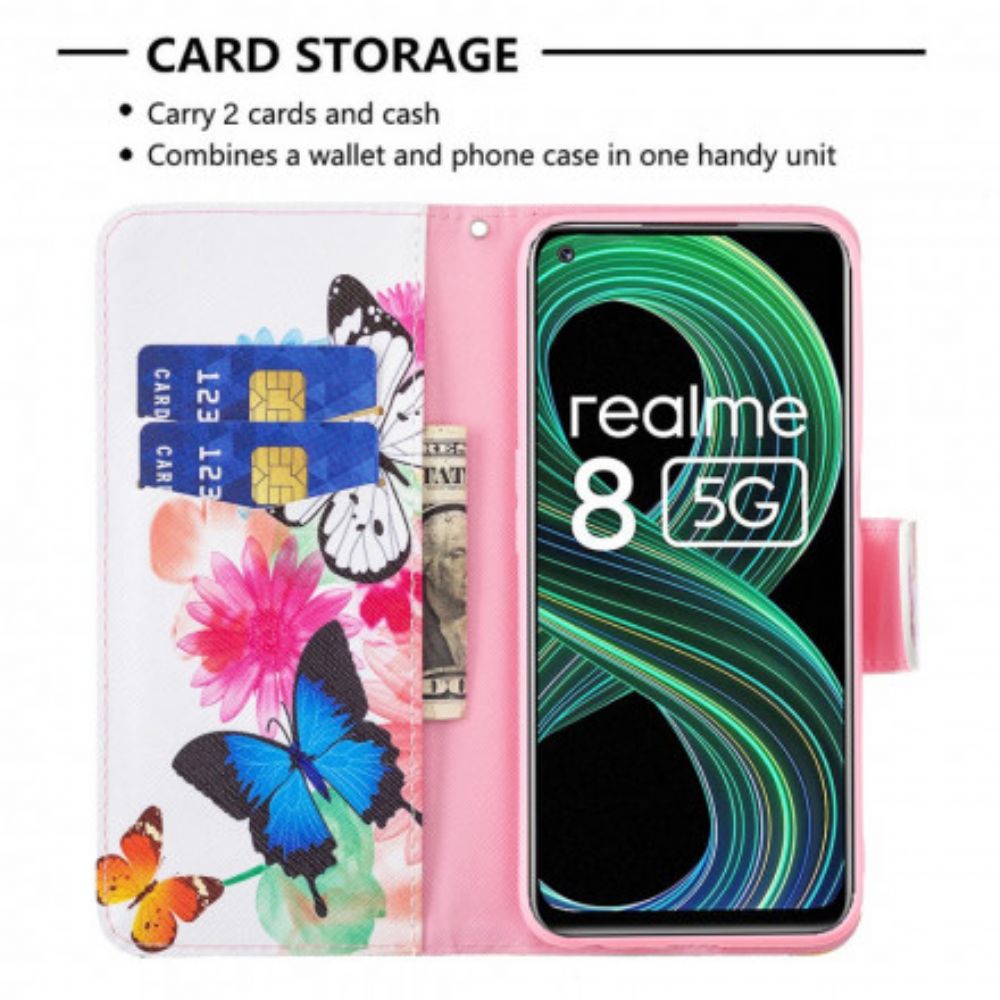 Folio-hoesje voor Realme 8 5G Geschilderde Vlinders En Bloemen