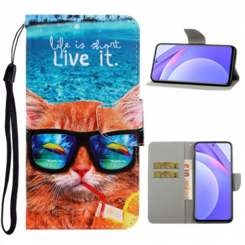 Flip Case voor Xiaomi Mi 10T Lite / Redmi Note 9 Pro 5G Met Ketting Cat Live It Strappy