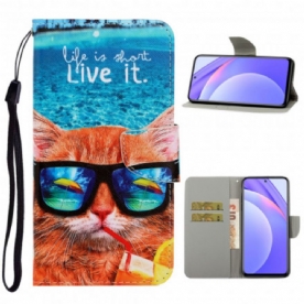 Flip Case voor Xiaomi Mi 10T Lite / Redmi Note 9 Pro 5G Met Ketting Cat Live It Strappy