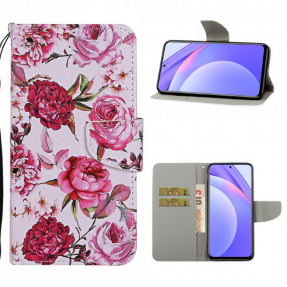 Folio-hoesje voor Xiaomi Mi 10T Lite / Redmi Note 9 Pro 5G Meesterlijke Bloemen Met Riem