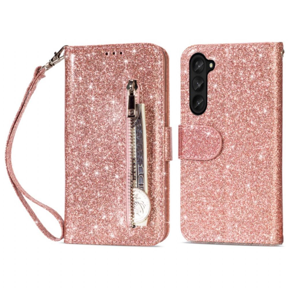 Flip Case Leren Samsung Galaxy Z Fold 5 Glittertasje Met Riempje