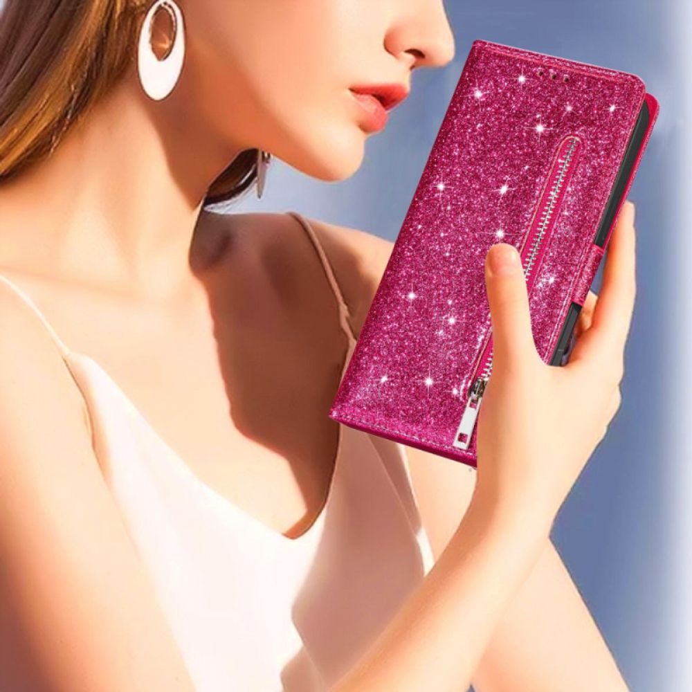 Flip Case Leren Samsung Galaxy Z Fold 5 Glittertasje Met Riempje