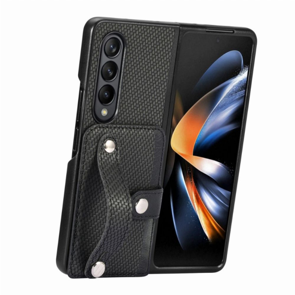 Hoesje Samsung Galaxy Z Fold 5 Kaarthouder En Riem Van Koolstofvezel