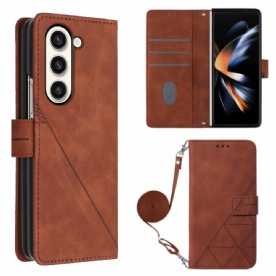 Leren Hoesje Samsung Galaxy Z Fold 5 Driehoekenpatroon Met Schouderband Bescherming Hoesje