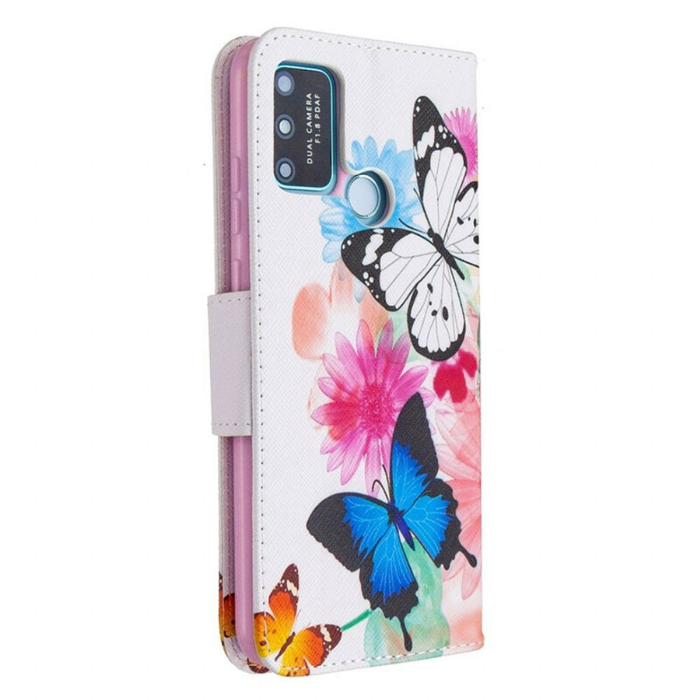 Folio-hoesje voor Honor 9A Geschilderde Vlinders En Bloemen