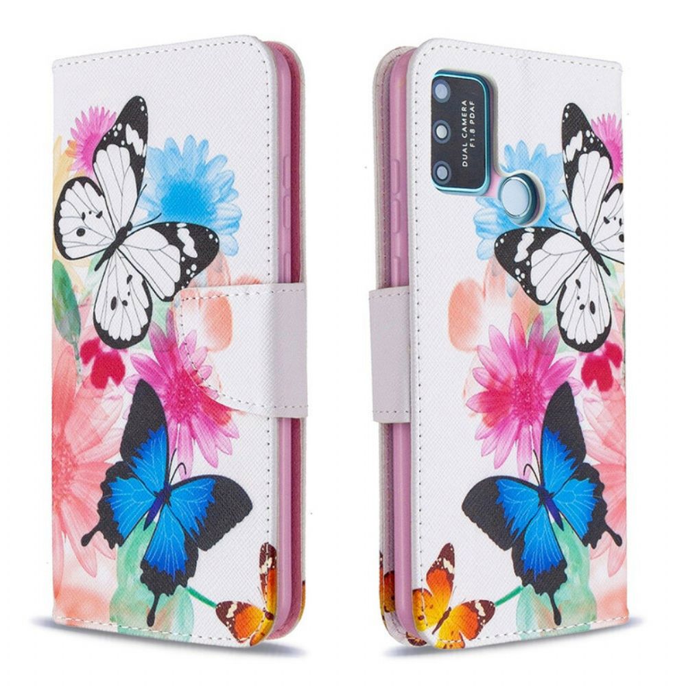 Folio-hoesje voor Honor 9A Geschilderde Vlinders En Bloemen