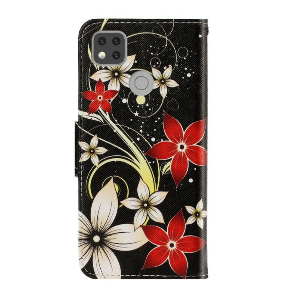 Flip Case voor Xiaomi Redmi 9C Met Ketting Kleurrijke Bandbloemen