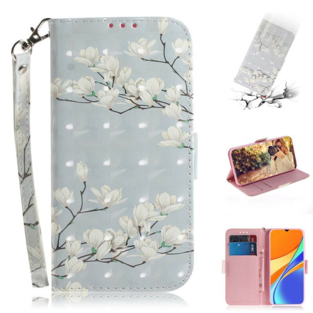 Flip Case voor Xiaomi Redmi 9C Met Ketting Thong Bloementak