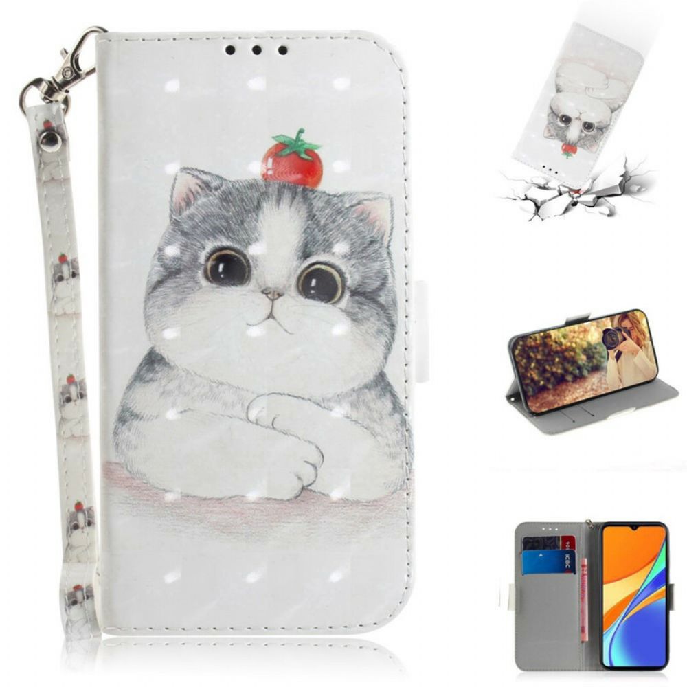 Flip Case voor Xiaomi Redmi 9C Met Ketting Tomaat Op De String-kat