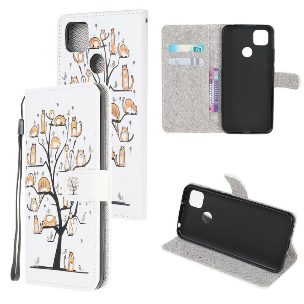 Folio-hoesje voor Xiaomi Redmi 9C Met Ketting Funky Katten Met Riem