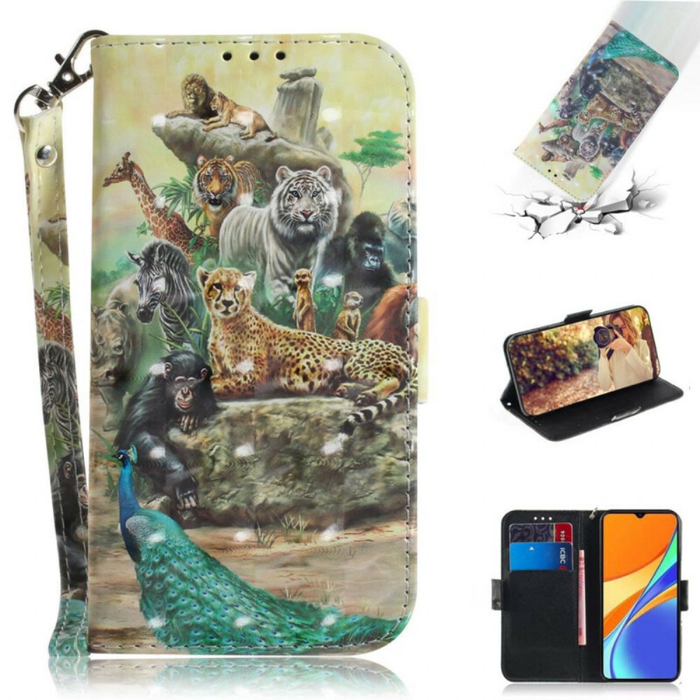 Folio-hoesje voor Xiaomi Redmi 9C Met Ketting Thong Safari Dieren