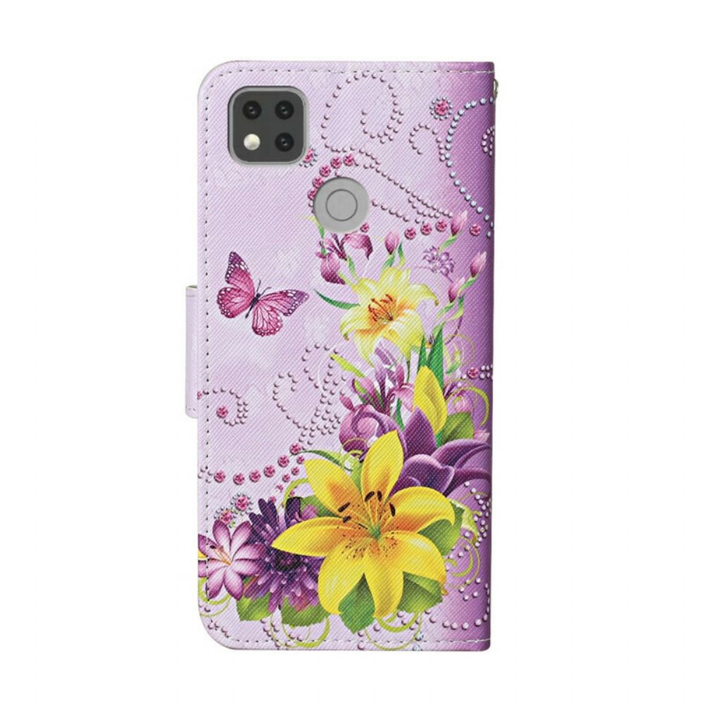 Folio-hoesje voor Xiaomi Redmi 9C Met Ketting Vlinders En Zuidelijke Bloemen Strappy