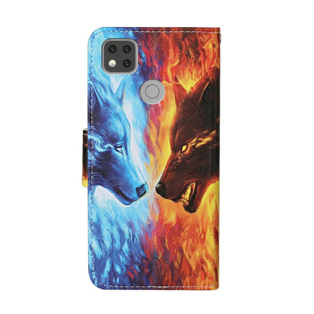 Leren Hoesje voor Xiaomi Redmi 9C Ijs En Vuur Wolf