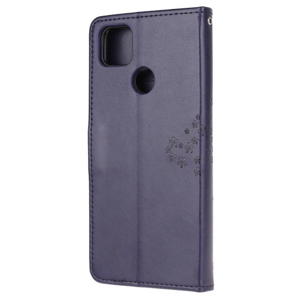 Leren Hoesje voor Xiaomi Redmi 9C Met Ketting Boom En Uilen Met Bandjes