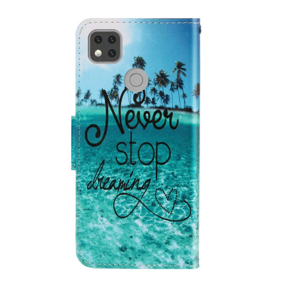 Leren Hoesje voor Xiaomi Redmi 9C Met Ketting Stop Nooit Met Dromen Marineblauwe Strappy