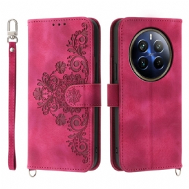 Leren Hoesje Realme 12 Pro / 12 Pro Plus Bloemenband En Schouderband Bescherming Hoesje