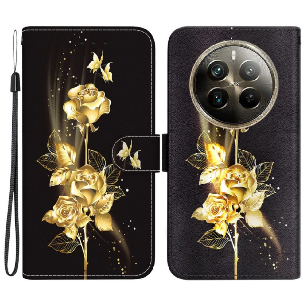 Leren Hoesje Realme 12 Pro / 12 Pro Plus Goud En Roze Vlinder Met Riem Bescherming Hoesje