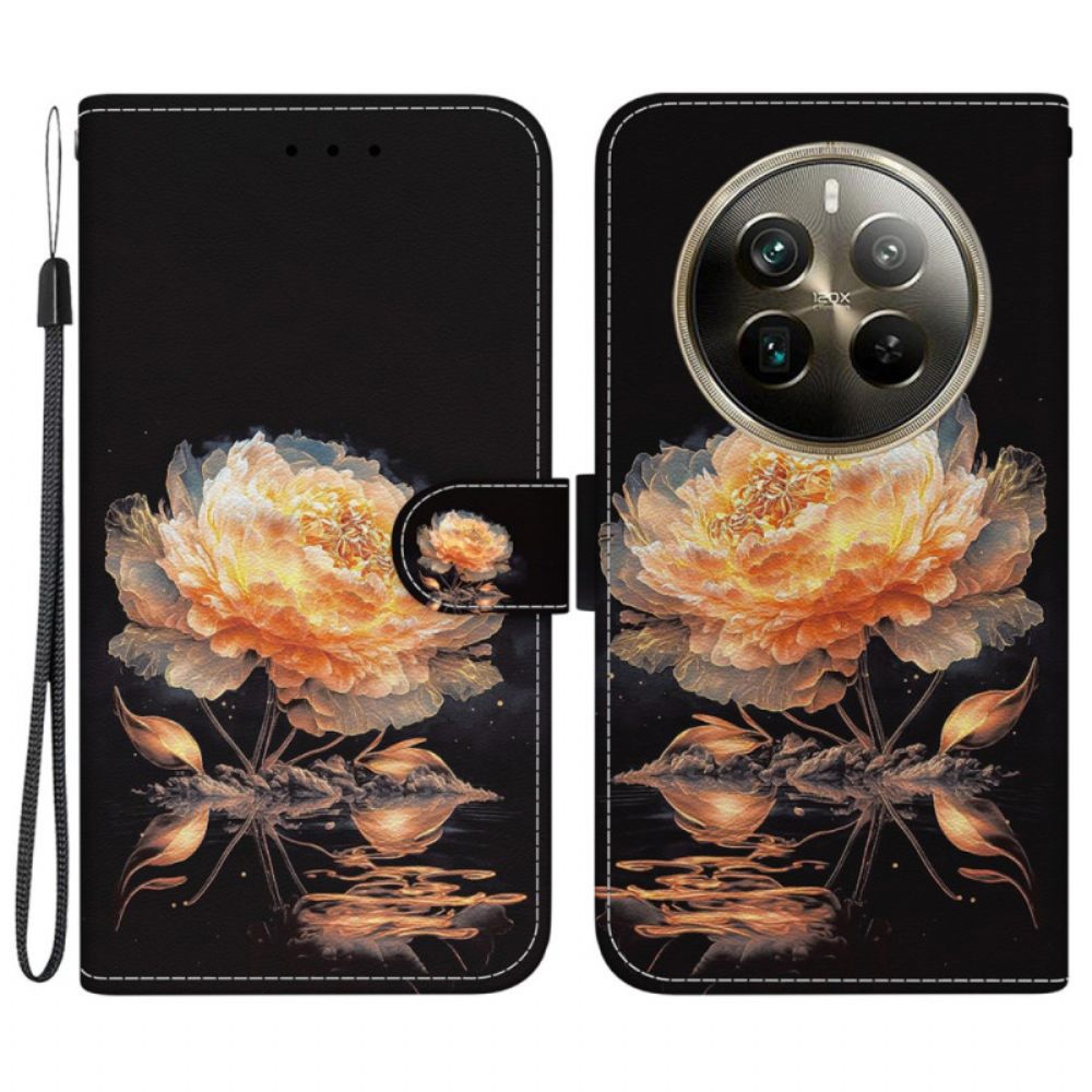 Leren Hoesje Realme 12 Pro / 12 Pro Plus Gouden Pioen Met Riem Bescherming Hoesje