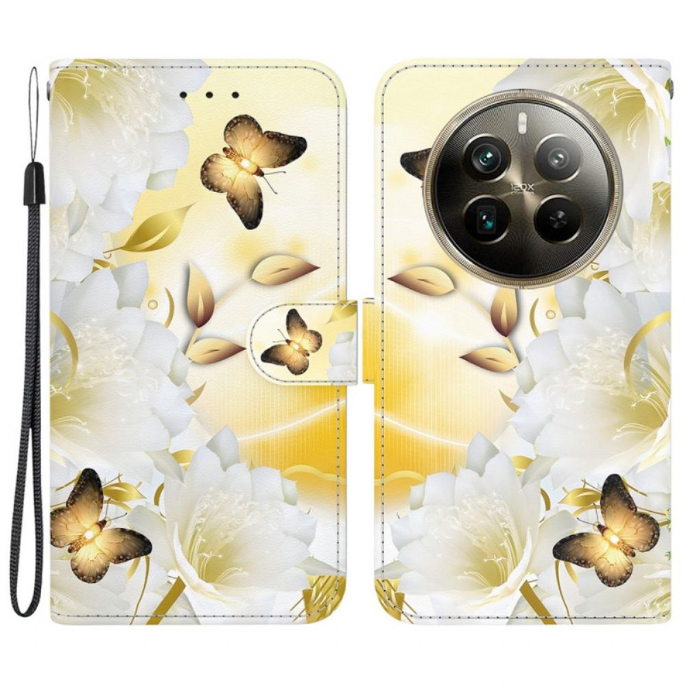 Leren Hoesje Realme 12 Pro / 12 Pro Plus Gouden Vlinders En Bloemen Met Riem