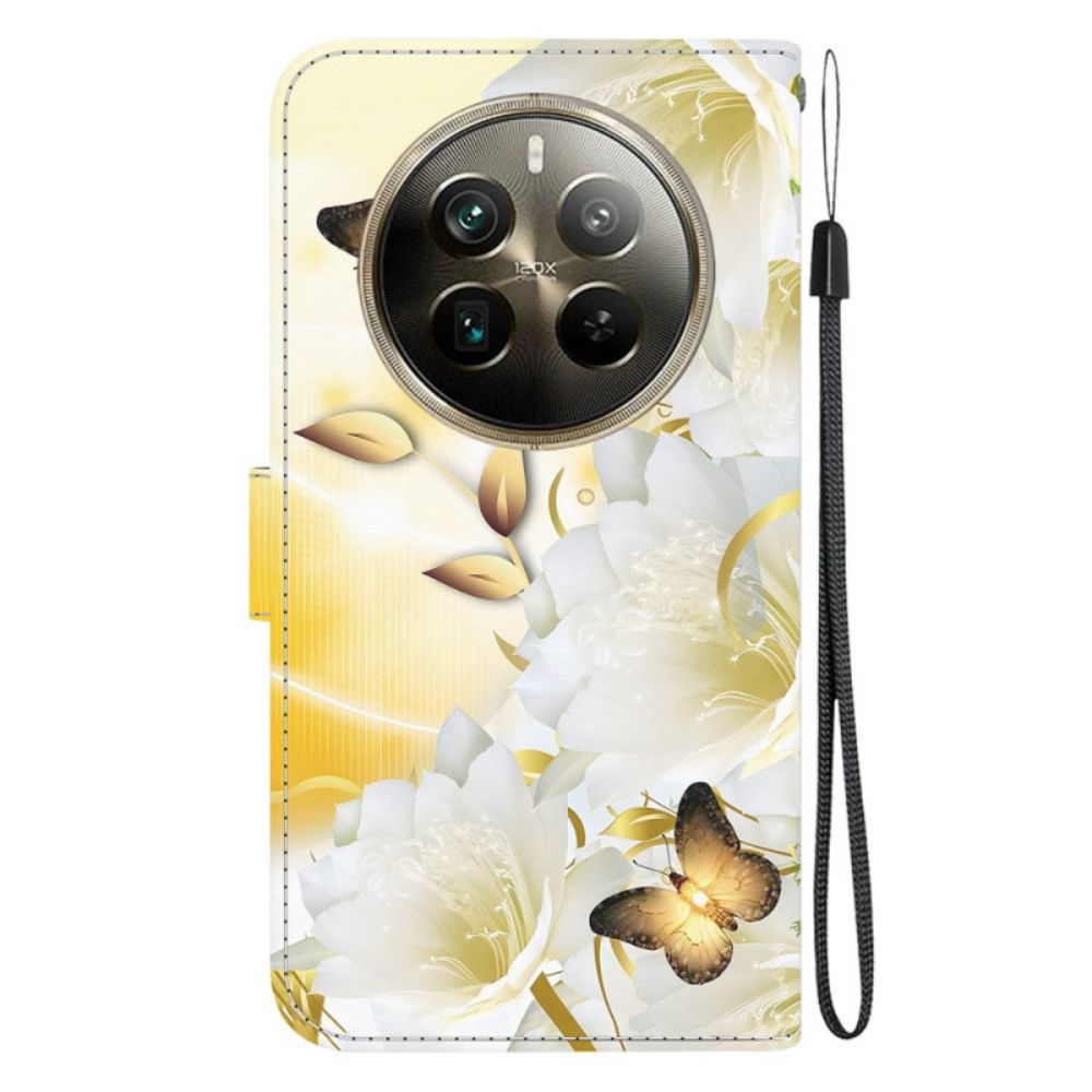 Leren Hoesje Realme 12 Pro / 12 Pro Plus Gouden Vlinders En Bloemen Met Riem