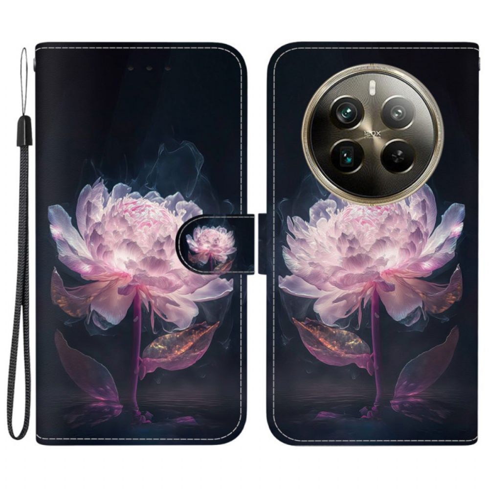 Leren Hoesje Realme 12 Pro / 12 Pro Plus Paarse Pioen Met Riem