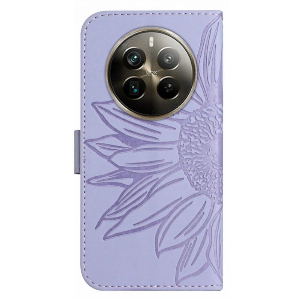 Leren Hoesje Realme 12 Pro / 12 Pro Plus Zonnebloemprint Met Schouderband Bescherming Hoesje